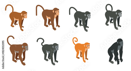 Set of cartoon monkeys and gorillas in different colors and poses