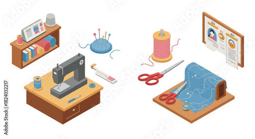 Creative sewing workshop setup with isometric tools and accessories for craft projects