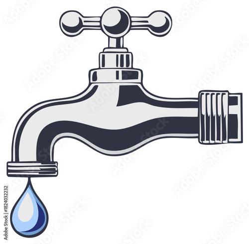 Illustrated Water Tap with Dripping Water Droplet Plumbing Fixture Metal Design