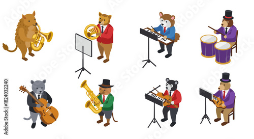 Isometric animal orchestra: charming bear band with musical instruments in concert