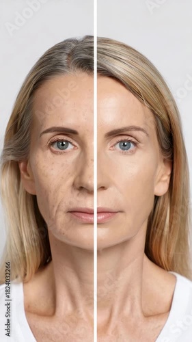 Mature female face before after skincare treatment comparison, anti aging facial wrinkles reduction, skin texture improvement dermatology procedure, cosmetic rejuvenation aging process