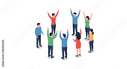 Team building celebration: diverse people in isometric design