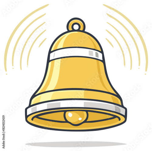 Cartoon Golden Bell with Sound Waves Alert Icon Illustration
