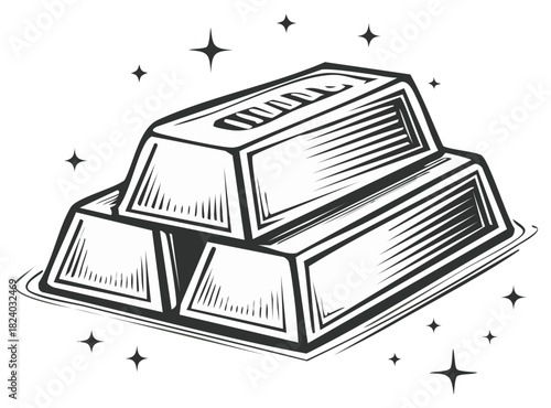 Stacked gold bars with glittering starbursts in a classic illustration style
