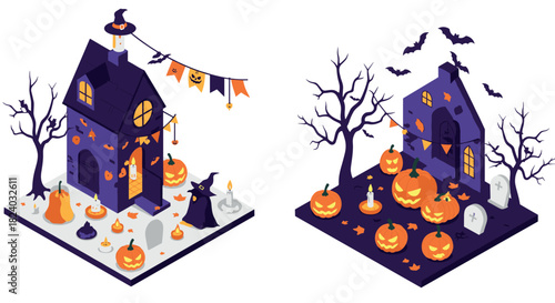 Spooky halloween house with pumpkins and bats in isometric style