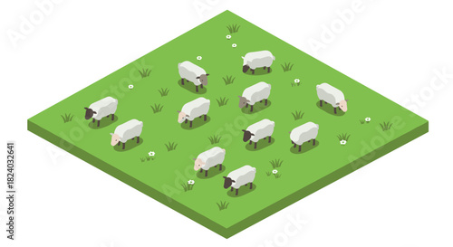 Isometric sheep grazing on pasture with flowers on sunny day