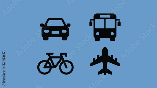 A collection of transportation icons including a car bus bicycle and airplane on a blue background