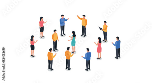 Isometric people engaging in conversations and socializing in a business environment