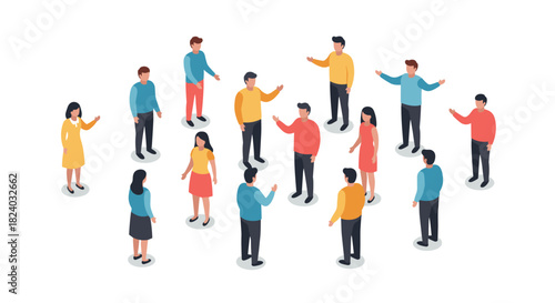 Diverse group of people in isometric style engaging in conversation
