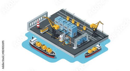 Isometric shipping port with cranes and cargo ships docked at harbor dock