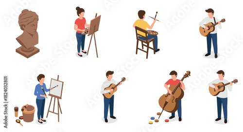 Creative arts activities in isometric design: painting, sculpture, music, and more