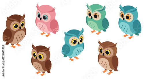 Colorful cartoon owls with big eyes in isometric style