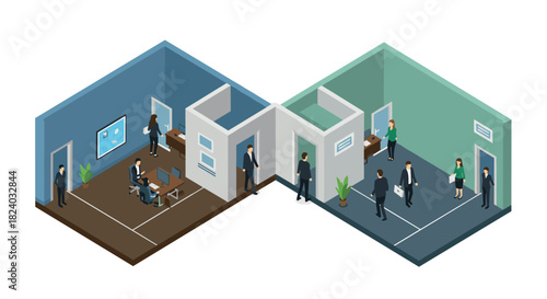 Isometric office scenes with professionals collaborating in modern workspaces