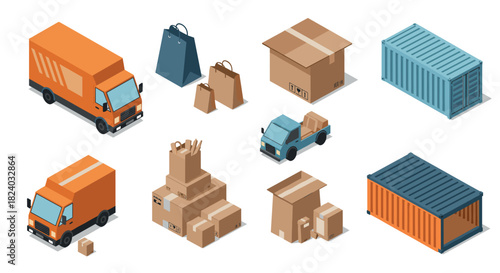 Isometric delivery elements featuring trucks, boxes, and shipping containers