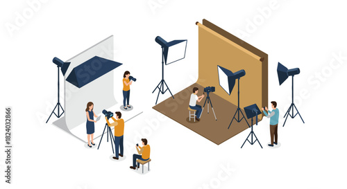 Professional photography studio setup with photographers and equipment in isometric style