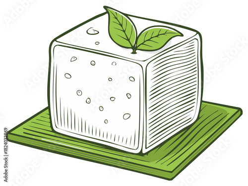 Minimalist illustration of tofu cube with leaves on green surface