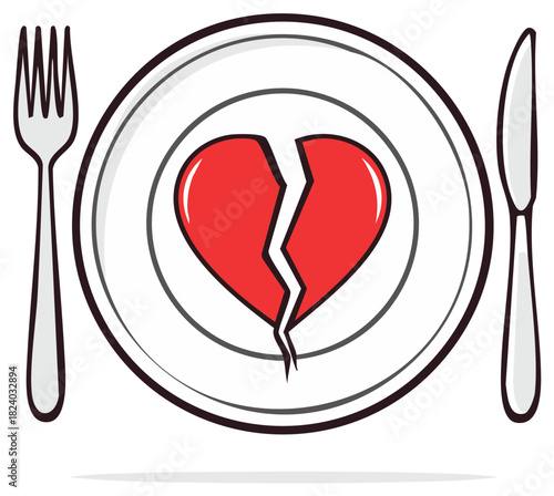 Broken Heart Served Up on a Plate with Fork and Knife Representing Sadness or Loneliness
