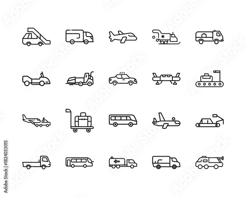Outline icon set of airport ground support vehicles and air travel transportation, featuring diverse aircraft, buses, cars, and utility trucks for global logistics Vector, illustration
