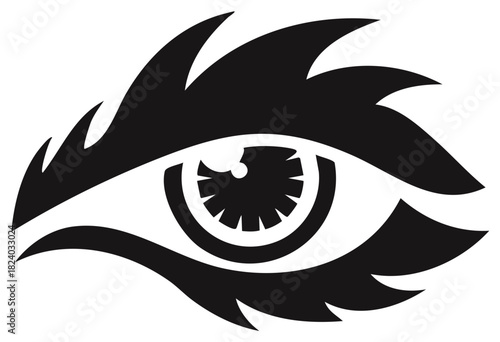 Stylized Eye Illustration with Graphic Pupil and Lashes in Black and White