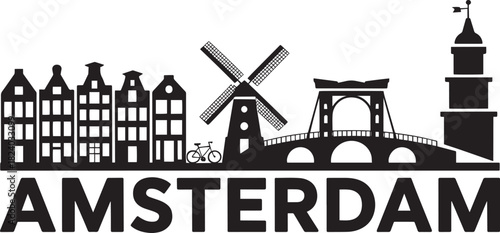 Amsterdam skyline silhouette with traditional architecture windmill bicycle and tower view