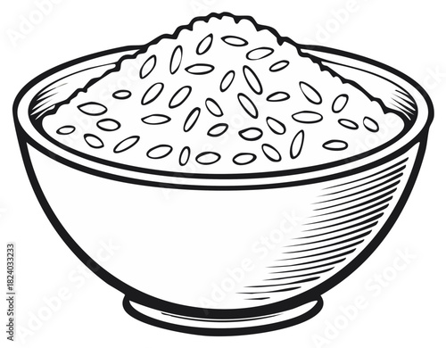 Stylized line art illustration of a bowl filled with mounded rice grains a common food staple