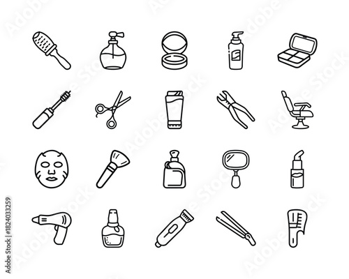 Collection of beauty salon and cosmetic products line icons. hairdressing, makeup, skincare, and personal care essentials for professional and home use, modern vector. Vector, illustration