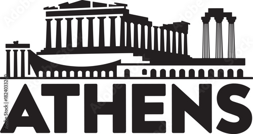 Athens greece skyline in silhouette with parthenon and ancient monuments