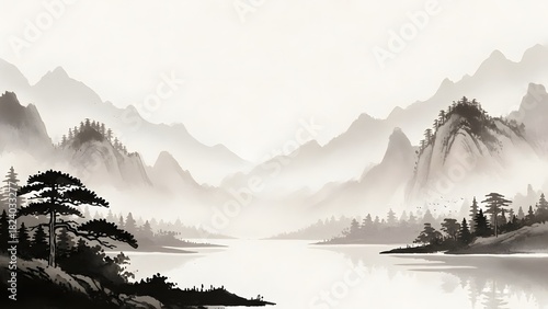 Serene Asian Ink Wash Mountain Landscape with Misty Peaks and Calm Water perfect for Website banner, book cover, wall art, spa decor, meditation background,