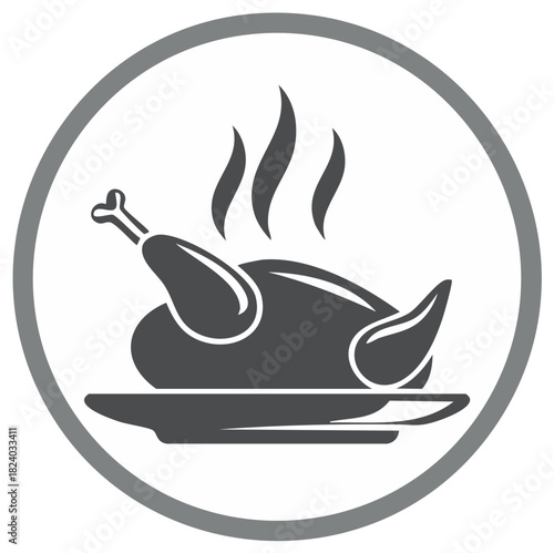 Roast Chicken on Platter with Steam, Round Gray Icon for Thanksgiving, Festive Feasts and Restaurant Promotions