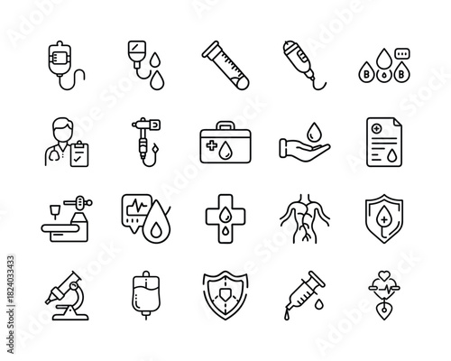 Medical and blood diagnostics icons set. healthcare, laboratory, donation, and clinic outlines. modern line vector graphics for health-related projects and services. Vector, illustration