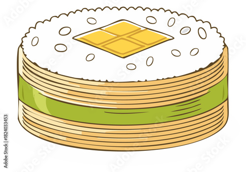 Colorful hand drawn illustration of a layered pressed sushi roll with rice and egg