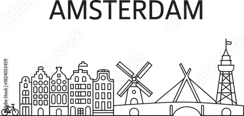Amsterdam skyline silhouette with traditional architecture windmill bicycle and bridge in black