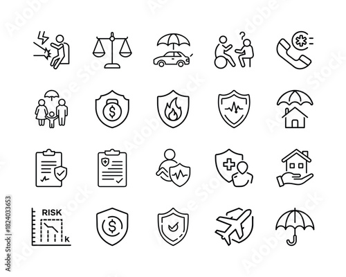 Insurance and protection line icons set illustrating diverse aspects of risk management, financial security, health, property, travel, and family coverage concept. Vector, illustration
