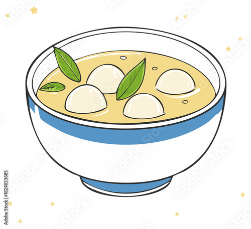Hand drawn illustration of a traditional Asian sweet dessert soup with glutinous rice balls