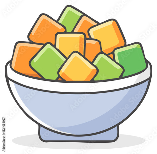 Colorful square candies piled high in a light blue serving bowl illustration