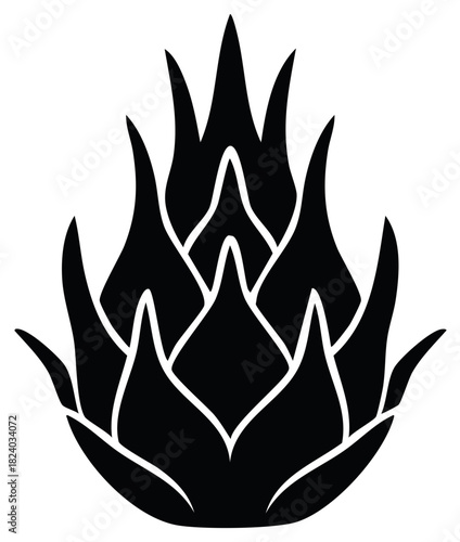 Bold black silhouette of a stylized dragon fruit, an exotic pitaya icon illustration