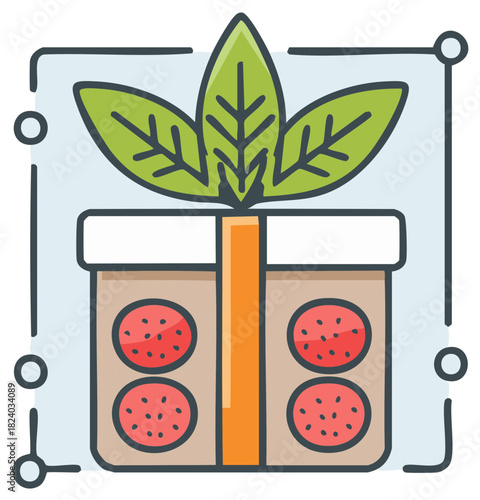 Simple illustration of a plant seedling in a pot with a cross section of nutrient rich soil