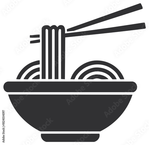 Chopsticks lifting tasty Asian noodles from a bowl minimalist graphic icon food illustration