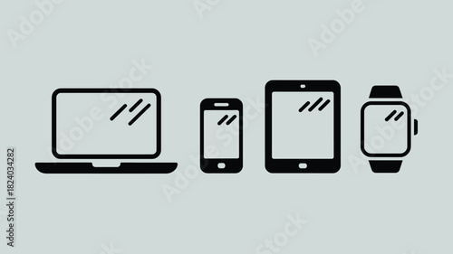 Illustration of a laptop, smartphone, tablet, and smartwatch in black outline on a gray background
