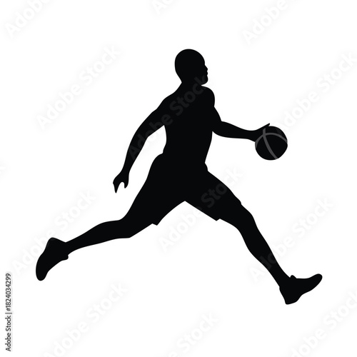 Silhouette of a male basketball player dribbling a ball while jumping.