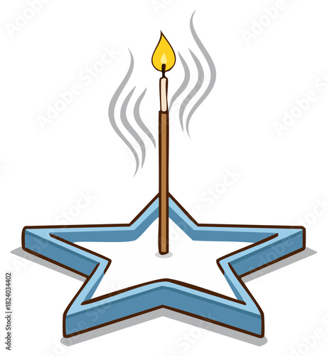 Burning Incense Stick in a Blue Star Shaped Holder Cartoon Illustration