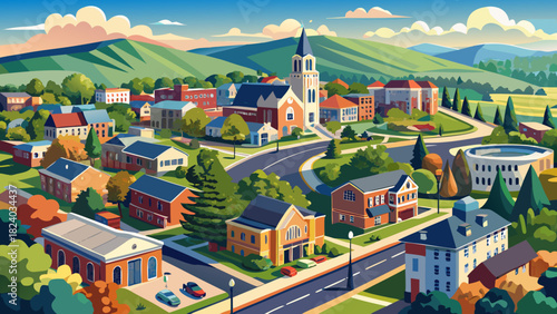 Very beautiful aerial view of Carlisle, Pennsylvania, highlighting a harmonious mix of historic buildings, residential neighborhoods, and tree-lined streets under a clear, bright sky in a clean, stock