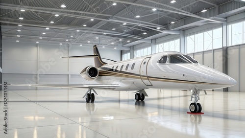 Futuristic widebody jet resting inside a bright hangar