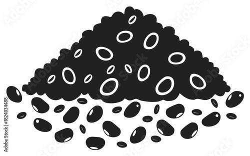 Stylized black and white vector art of a pile of organic beans and scattered seeds