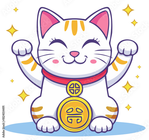 Smiling Lucky Cat Mascot with Raised Paws and Golden Coin Amulet Surrounded by Sparkling Stars