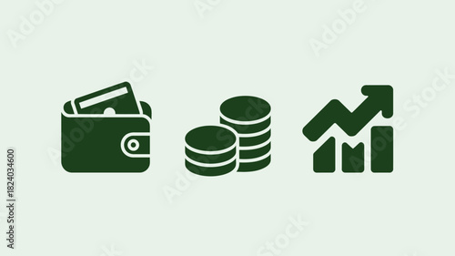 A simple illustration of a wallet with a card, coins stacked, and a rising bar graph with an arrow