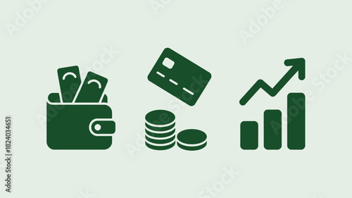 Illustration of wallet with money, credit card, coins, and bar graph with upward arrow icon design