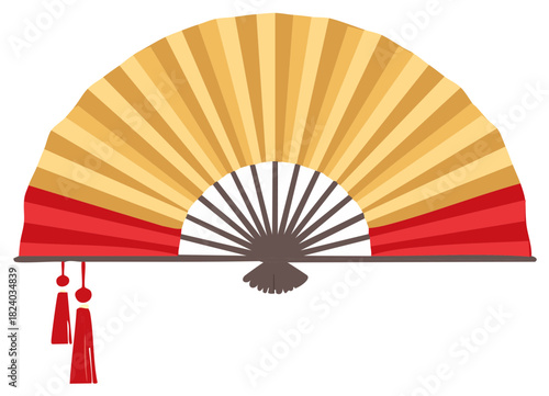 Traditional decorative folding fan with red tassels and gradient colors