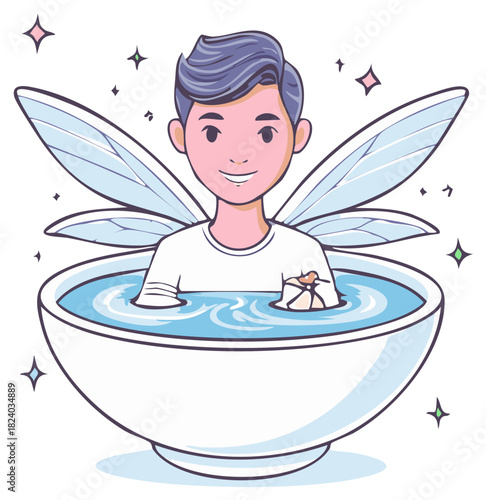 Cartoon man with wings in bowl of water icon. Fantasy vector illustration