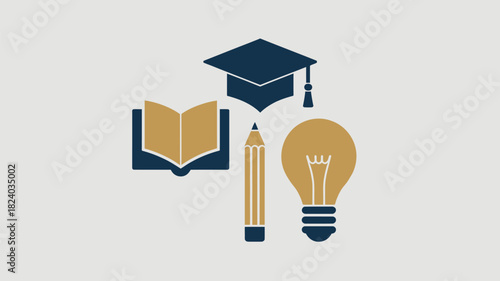 Illustration of an open book graduation cap pencil and light bulb representing education and knowledge